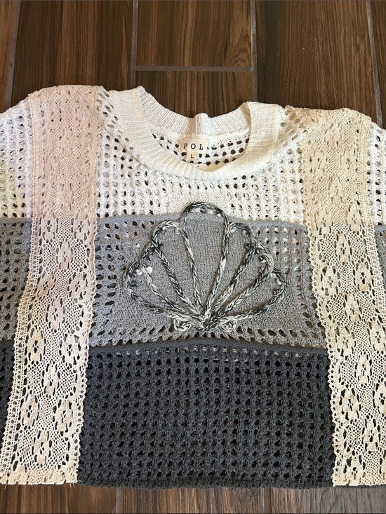 POL Sweaters - POL Crochet Knit Crewneck Sweater in Cream, Gray and Charcoal